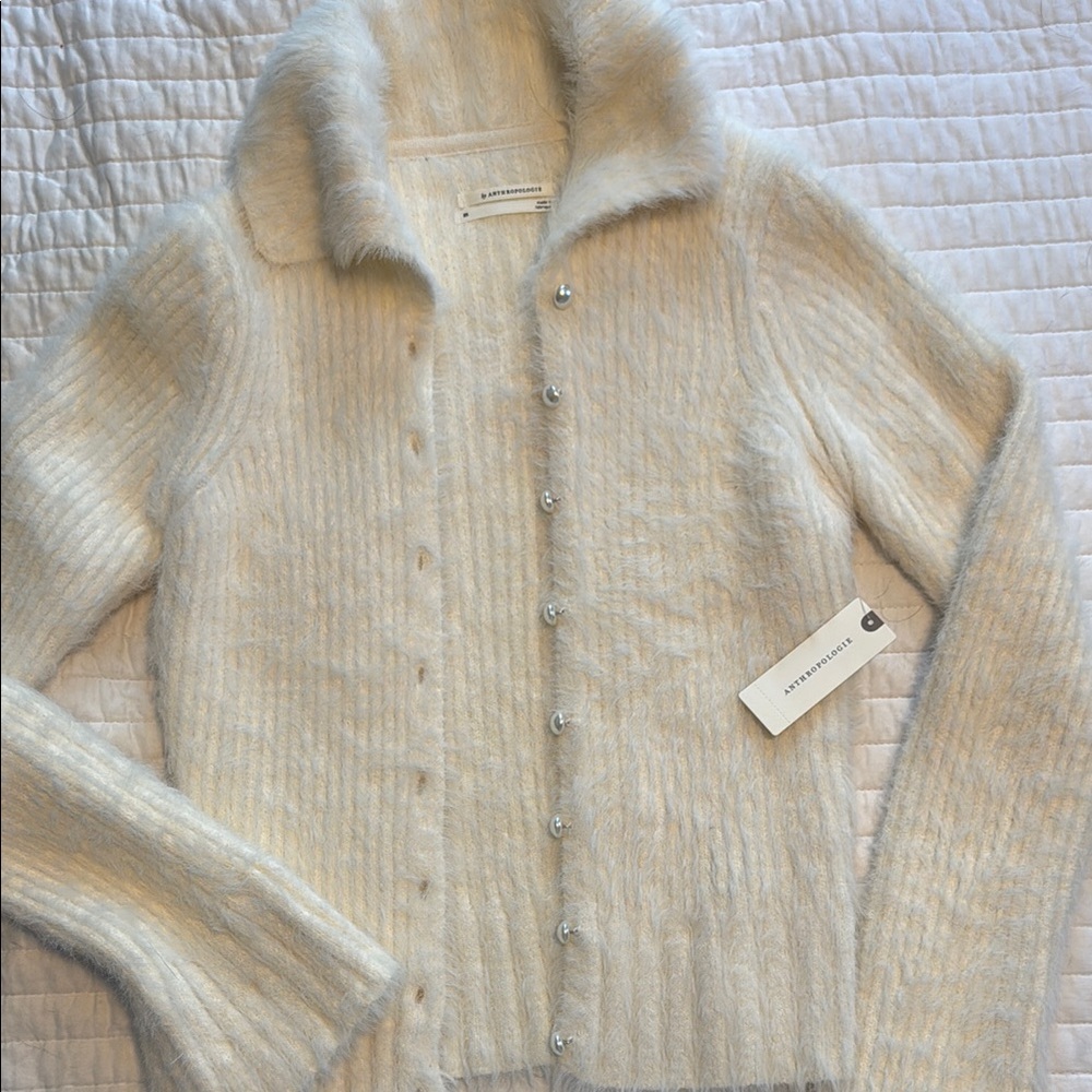 Anthropologie Cream Sweater with pearl buttons